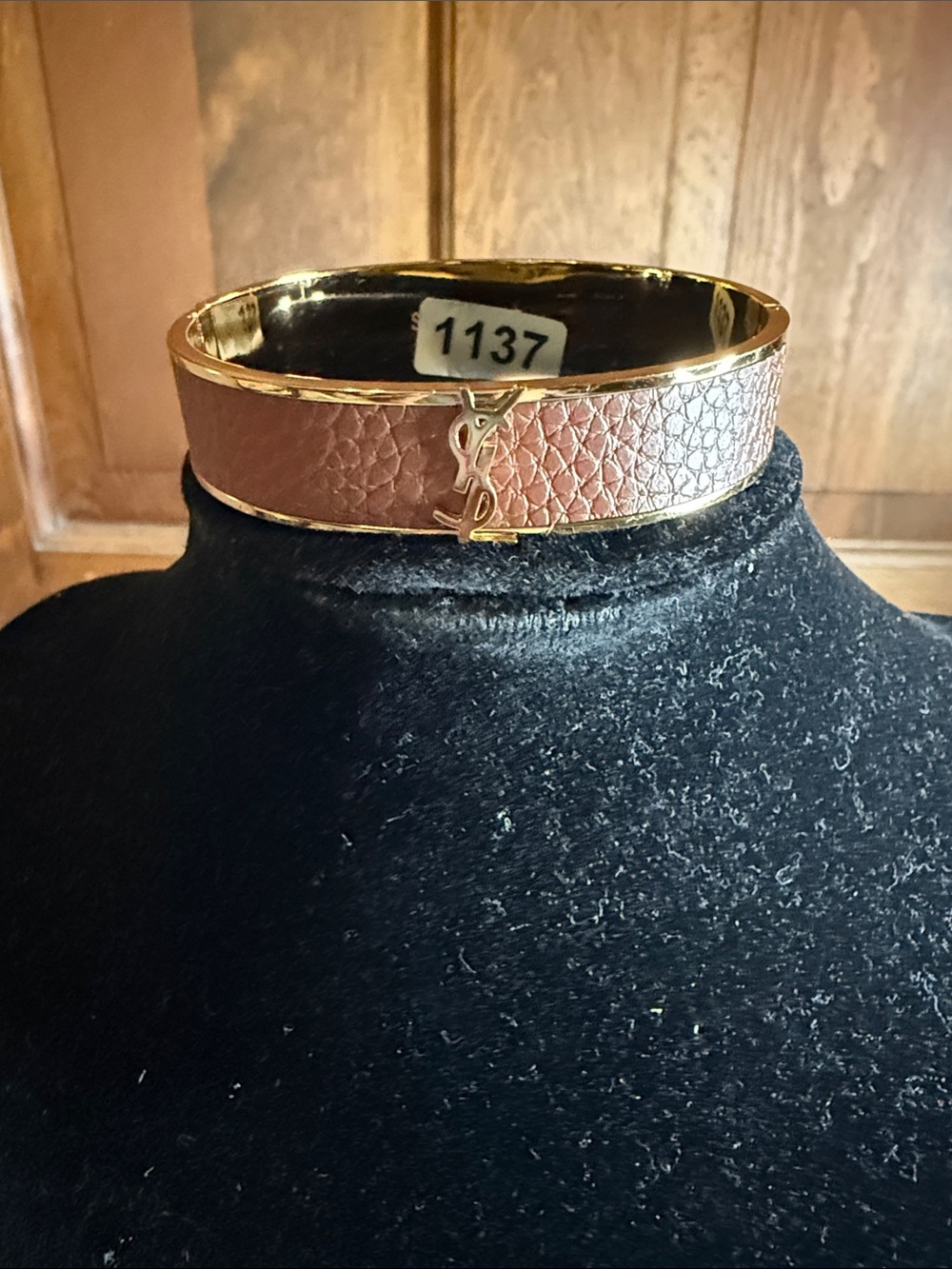 Gold-Tone Bracelet with Brown Leather-Textured Band